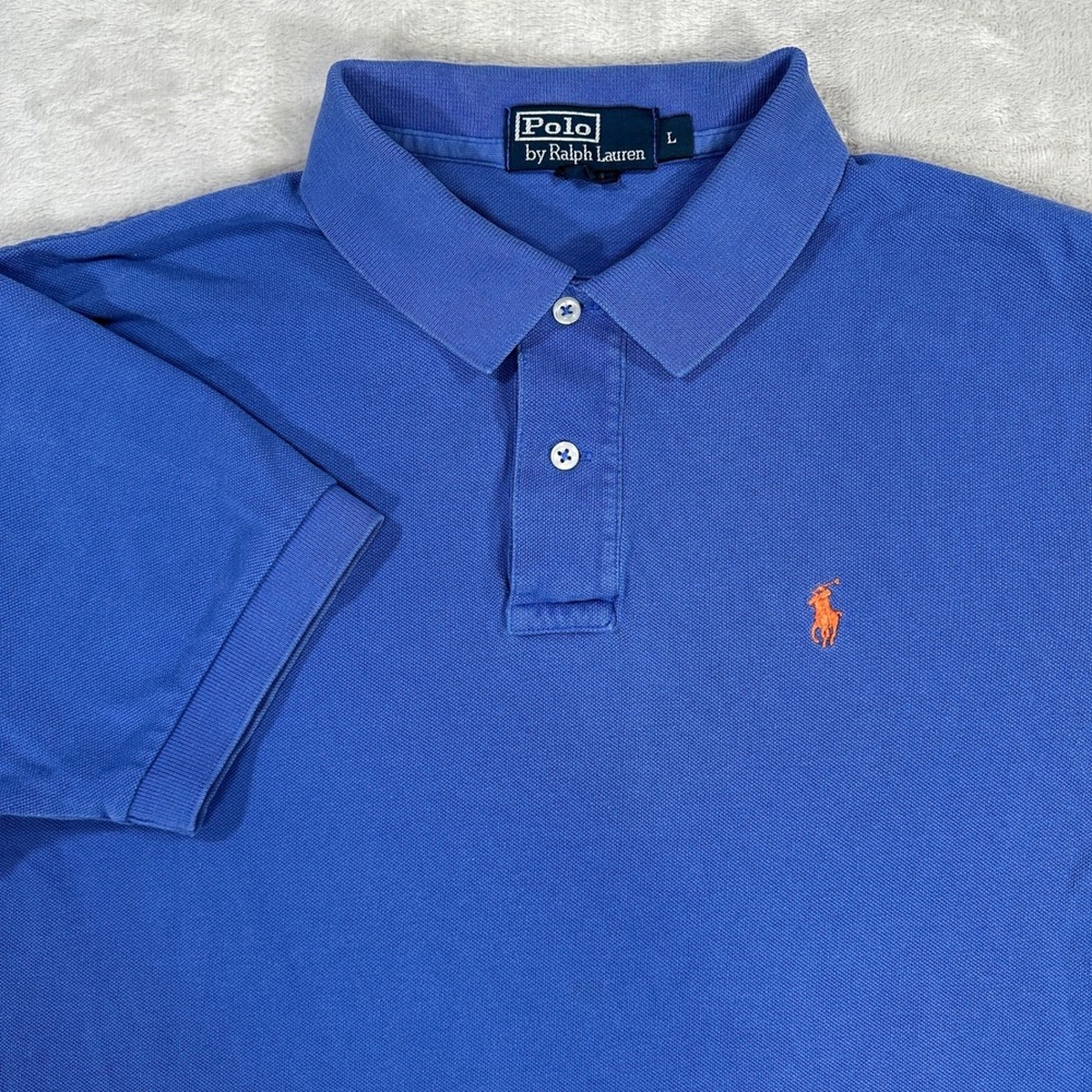 Polo Ralph Lauren Mens Large Blue Short Sleeve Pique Polo Orange Pony Logo